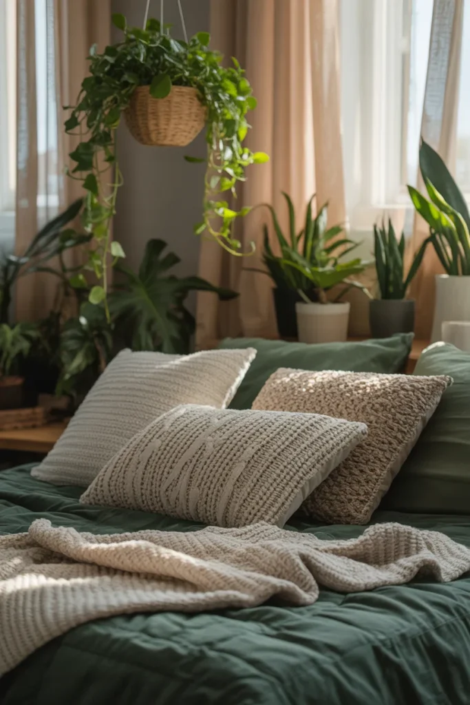 A cozy bedroom corner with hanging and potted plants, layered textured pillows, and a knitted throw over a dark green bedspread. Sunlight filters softly through sheer curtains, highlighting the natural textures.