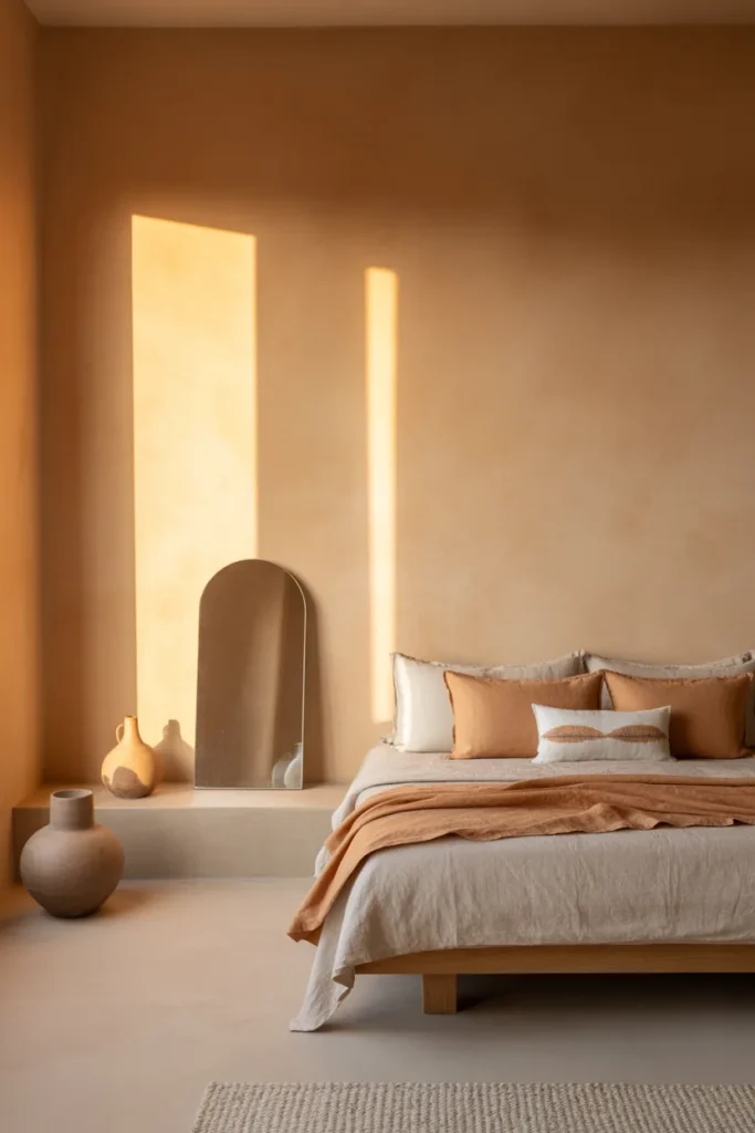 Modern Mediterranean bedroom with soft limewash walls, golden hour side lighting, warm earthy bedroom palette of sand, clay, cream, and taupe, low wood bed, linen bedding, stone lamp, arched mirror, terracotta vase, wool rug, calm elegant mood, wide eye-level shot, textured wall background with airy layered decor and open space.