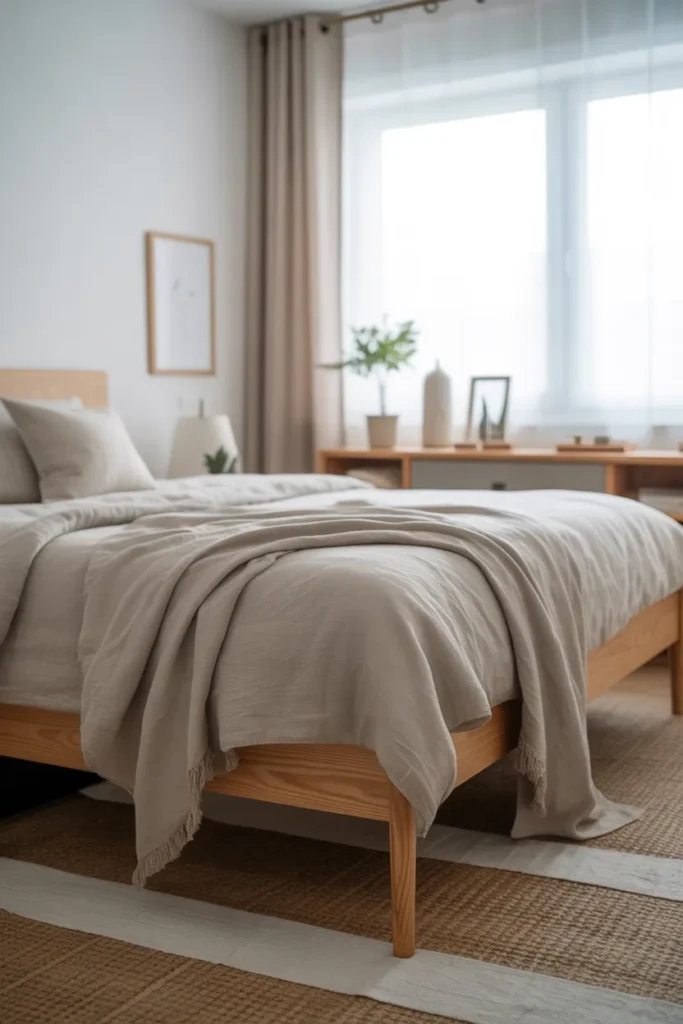 Scandinavian-style bedroom with light wood furniture, neutral linen bedding, and layered textured rugs. Soft diffused daylight through sheer curtains highlights a small potted plant, simple wall art, and minimal accessories. Eye-level wide shot showing clean lines, open space, and cozy, airy atmosphere. Calm, functional, and Pinterest-ready aesthetic emphasizing natural light, muted tones, and simplicity.