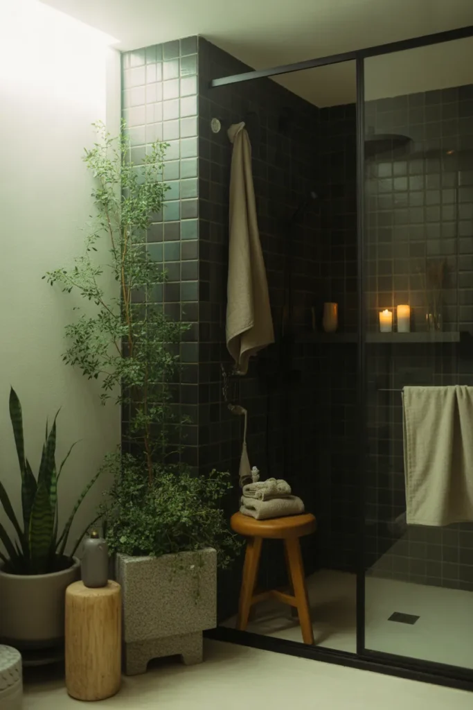 Organic modern bathroom with deep dark tiles, soft diffused daylight, black, green, stone, and warm beige palette, tall indoor plant, wooden stool, stone planter, floating shelf, linen towels, glass shower, and candle decor. Fresh calming mood, styled corner angle, layered plants in foreground with clean spa-like background and natural soft shadows.
