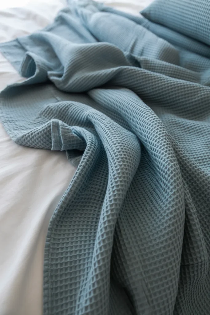 A close-up, high-texture shot of a cozy bed layered with a thick, waffle-weave cotton throw in a soft slate blue color. The fabric is draped naturally over crisp white sheets, showing deep honeycomb textures and soft shadows. Gentle, side-angled natural light emphasizes the airy fabric folds. The mood is incredibly cozy and tactile, featuring a modern, minimalist aesthetic with clean lines.