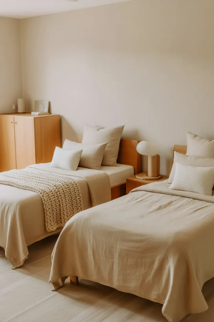 Neutral color palette twin bedroom with cream walls, beige linen bedding and natural oak wood furniture
