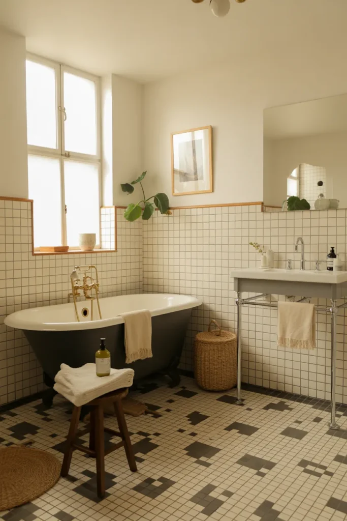 Vintage modern bathroom with checkerboard tile floor, natural window light, black, cream, and warm wood palette, freestanding tub, slim vanity, brass faucet, framed art, woven basket, cotton towels, small stool, and leafy plant. Playful elegant mood, wide corner camera angle, layered floor pattern, clean walls, realistic tile texture, and bright open spacing.