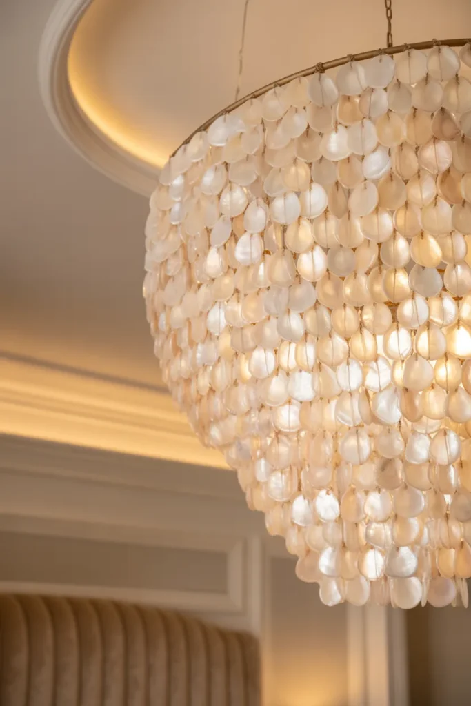 A luxury coastal bedroom featuring a large chandelier made of hundreds of translucent white Capiz shells. Soft evening light filters through the shells, creating a shimmering, pearlescent glow across the room. The background is a soft beige ceiling with crown molding and a glimpse of a plush velvet headboard. Captured from a low camera angle looking up, highlighting the delicate textures and layering.