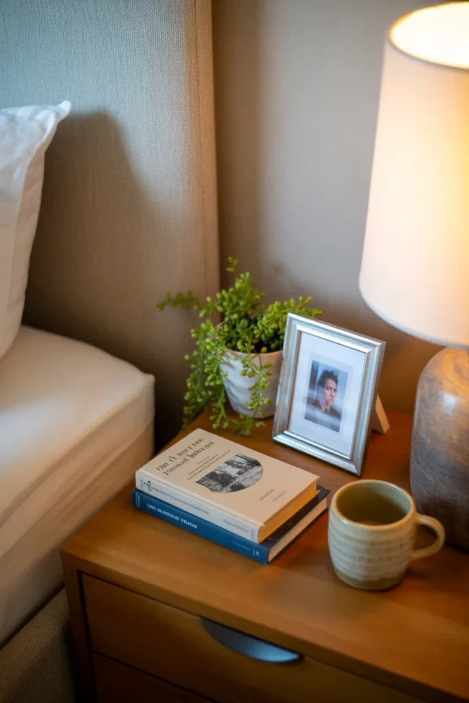 Nightstand in twin bedroom styled with personal photo frame, plant and books showing how personal touches make a bedroom feel like home
