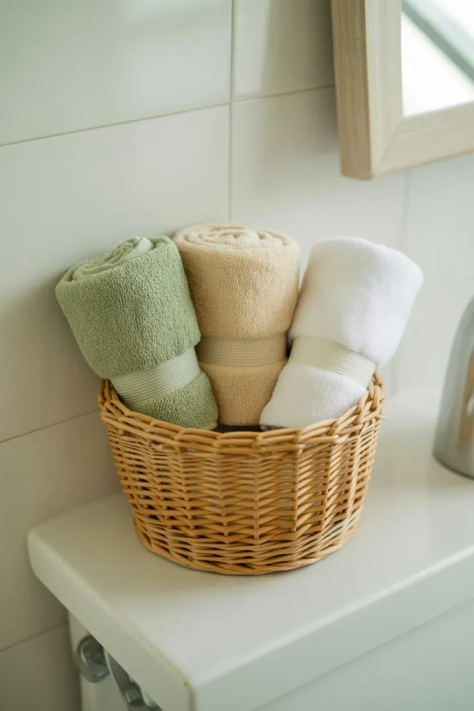 Rolled sage green cream and white towels in wicker basket on college dorm bathroom shelf — affordable coordinated towel idea for a fresh student bathroom look