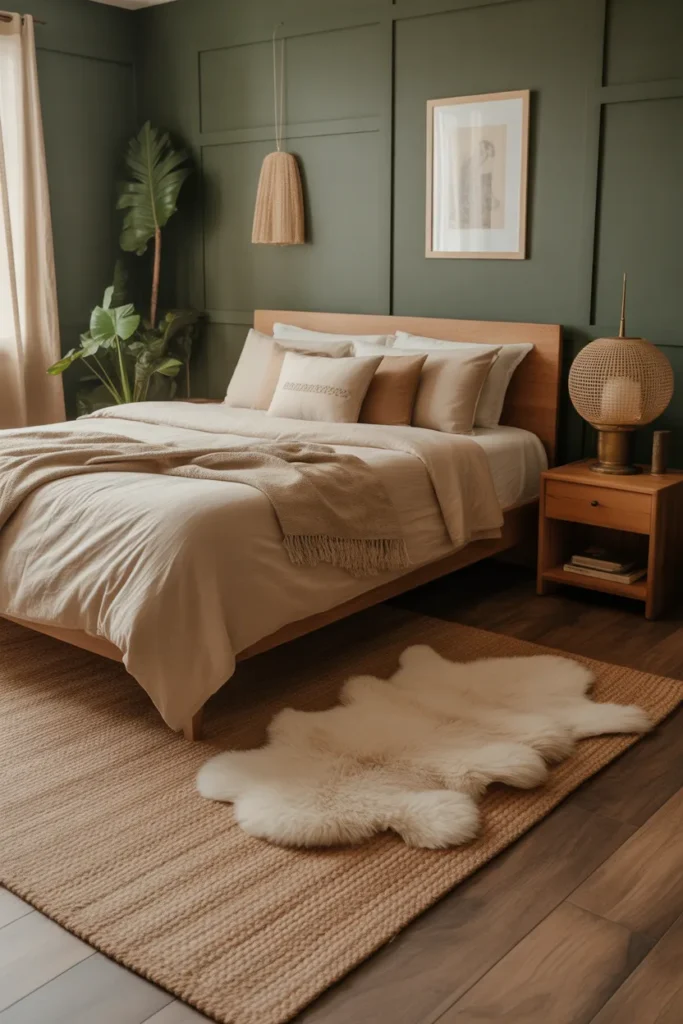 A cozy bedroom featuring layered rugs: a large neutral jute rug beneath the bed, topped with a smaller sheepskin rug at the foot. The warm tones complement dark green walls and natural wood furniture.
