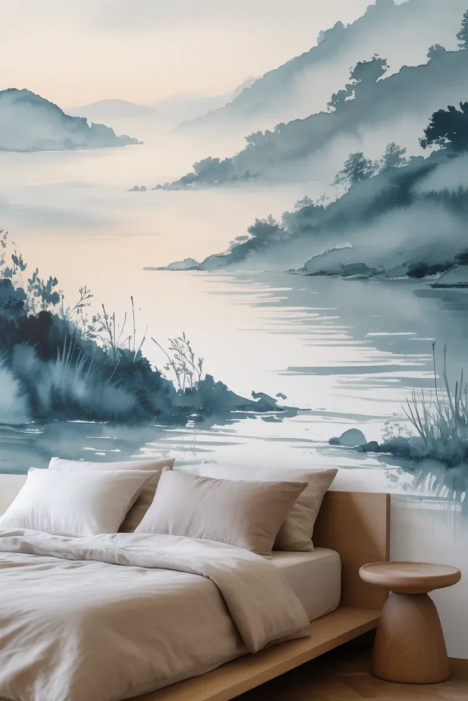 A serene, Japandi-inspired bedroom featuring a soft watercolor mural of misty coastal hills and a calm sea. The colors are muted washes of dusty blue, pearl gray, and soft white. Gentle morning light hits the wall, creating a dreamy, ethereal glow. The camera angle is a wide shot, showing a low-profile bed with neutral linens and a simple wooden side table.