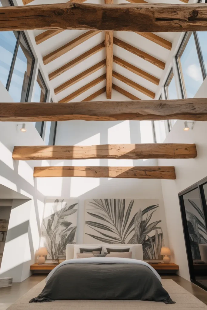 A high-ceilinged coastal bedroom featuring heavy, rough-hewn wooden beams across a bright white ceiling. Natural light pours in from high windows, highlighting the grain and cracks in the timber. The room is styled with a low-profile bed and large-scale botanical art. The palette is white, charcoal, and warm wood tones. Captured from a low-angle shot to emphasize the architectural height and the rustic, airy feel.