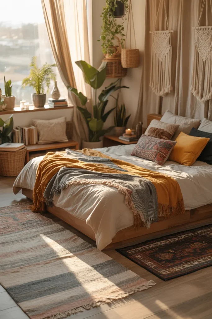 Boho-inspired bedroom with layered rugs, textured throws, and colorful cushions on a wooden platform bed. Soft golden hour light filters through sheer curtains, highlighting hanging macramé decor, potted plants, and woven baskets. Styled corner with books and candles. Wide-angle shot showing cozy, relaxed atmosphere with natural textures, warm earthy tones, and inviting layered bedding.