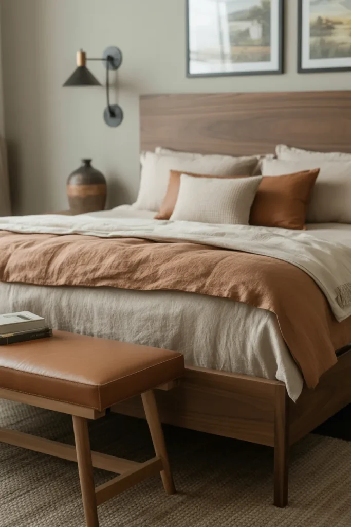 Modern rustic bedroom with a walnut wood bed frame, soft diffused afternoon light, earthy taupe, cream, cocoa, and clay palette, linen duvet, leather bench, black metal sconces, ceramic vase, woven rug, framed landscape art, relaxed elegant mood, wide front camera angle, rich wood grain, layered bedding, and clean balanced background.
