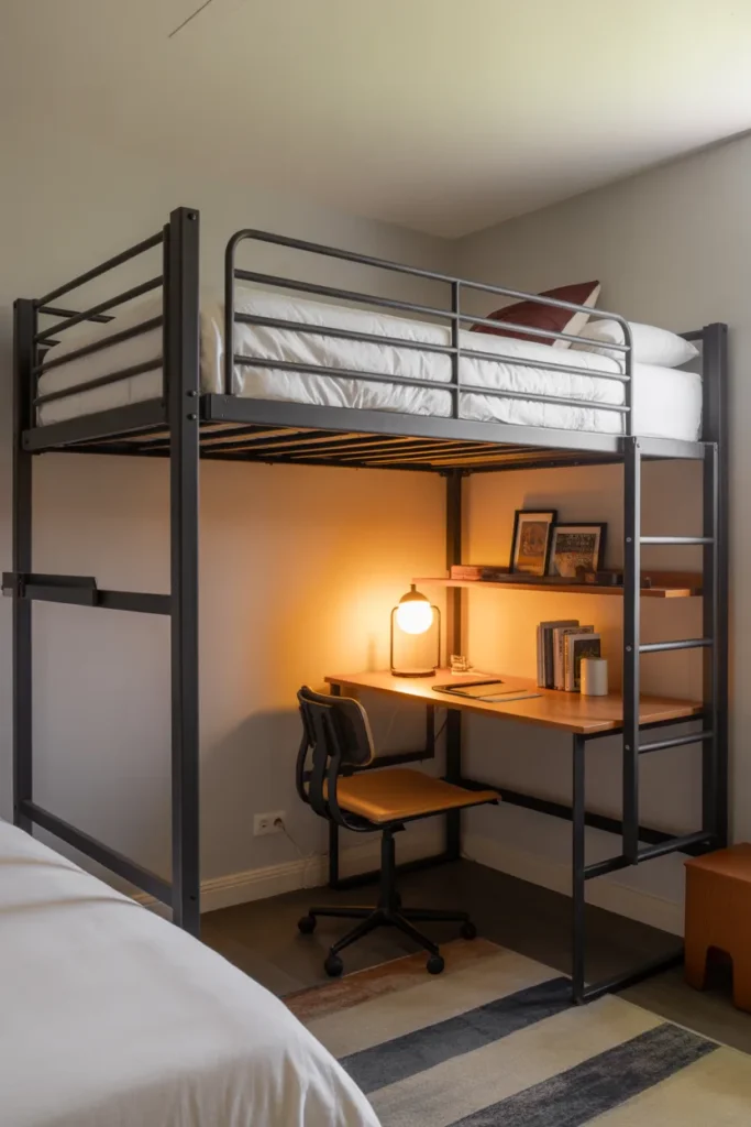 Modern matte black elevated bunk bed with desk workspace underneath maximizing space in a small twin bedroom