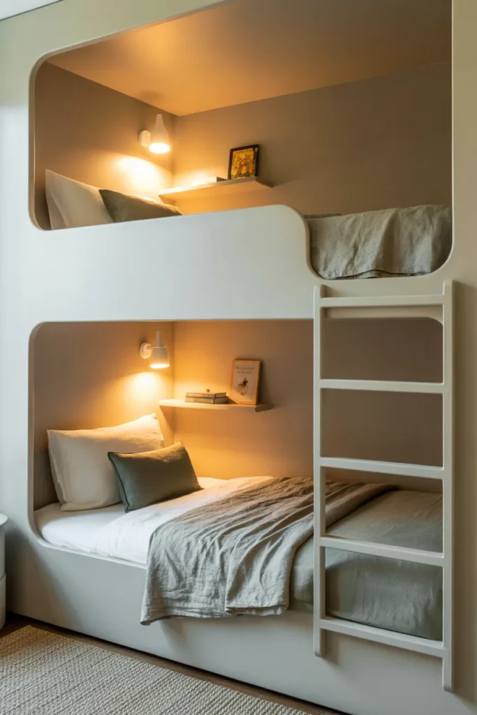 A stylish kids bedroom featuring a white wooden bunk bed with soft rounded edges, styled in a modern minimalist interior. Warm ambient light from wall-mounted reading sconces on each bunk creates a cozy golden glow. Color palette includes crisp white, warm grey, and soft sage green. Each bunk is dressed with matching linen bedding, a small pillow, and a tiny shelf with a book and lamp. Wide angle shot showing full bunk structure with a ladder detail, woven rug below, and a calm, clean, hotel-like mood.