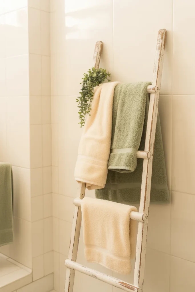 A small rustic white painted wooden ladder leaning against a clean white bathroom wall. Two fluffy towels in cream and sage green draped over the rungs. A small trailing plant hanging over one side. Warm soft lighting. Minimal and aesthetic bathroom background. Pinterest farmhouse bathroom decor style photo.