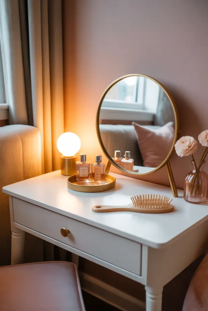 A charming kids bedroom corner featuring a small white wooden vanity with a round gold-framed mirror, styled in a modern glam interior. Warm ambient light from a small Hollywood-style bulb mirror adds a soft golden glow. Color palette includes warm white, blush pink, and gold accents. The vanity top is styled with a small tray, tiny perfume bottles, a soft hairbrush, and a mini flower vase. Close-up styled corner shot with depth, realistic wood texture, soft shadows, and an elegant dreamy mood.