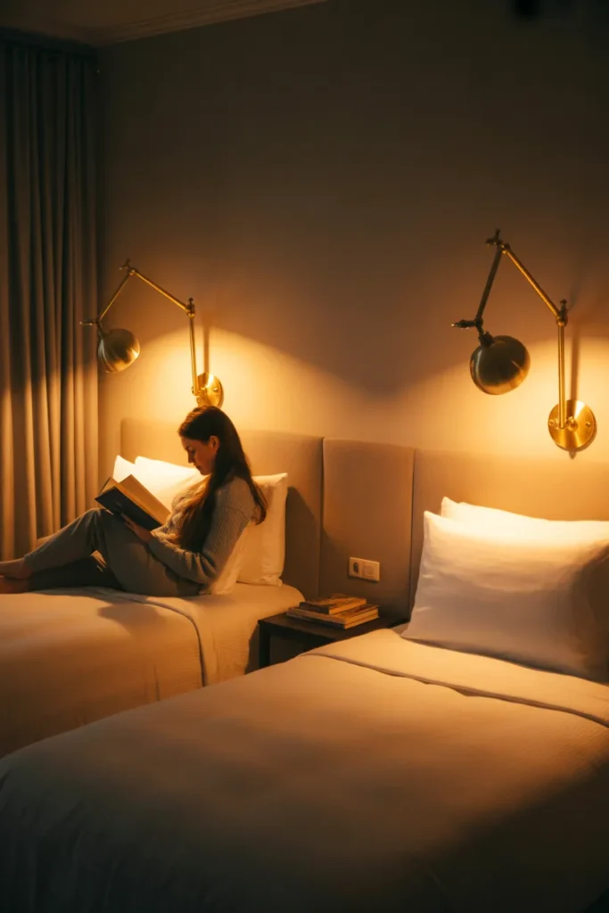 Individual brass wall sconces providing personal reading light above each twin bed in a cozy shared bedroom
