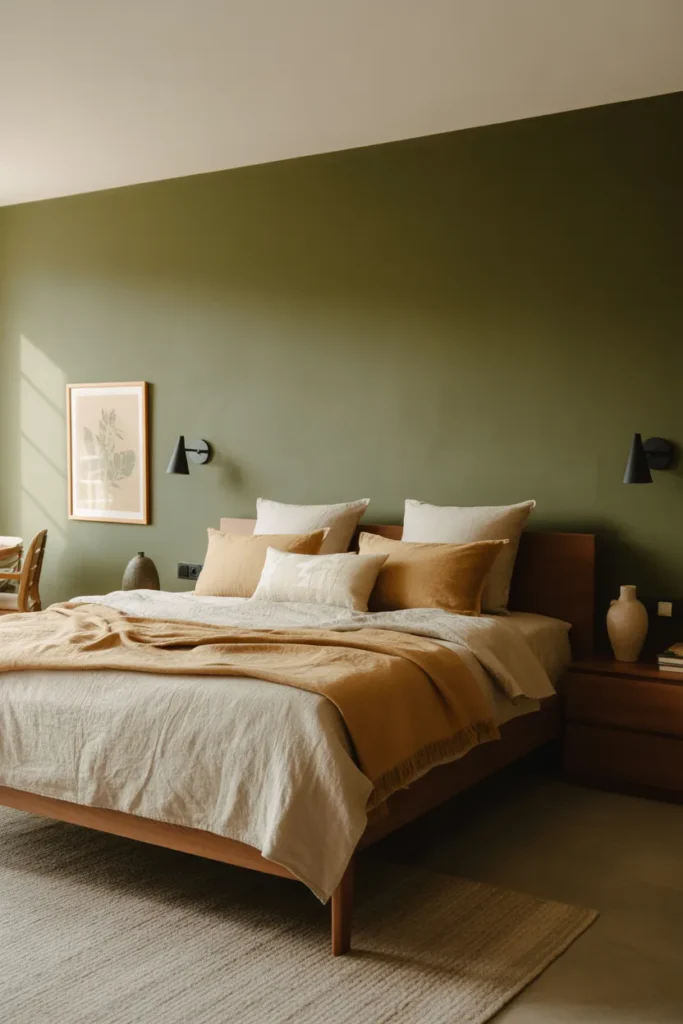 Contemporary organic bedroom with an olive green feature wall, soft natural afternoon light, earthy olive, cream, tan, and walnut palette, wood bed frame, beige linen bedding, black wall sconces, framed botanical art, wool rug, ceramic vase, cozy grounded mood, wide eye-level camera angle, layered bed styling with clean wall spacing.