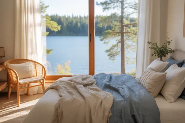 A cozy and inviting lake house bedroom featuring natural wood, layered bedding, and a large window with a beautiful lake view.