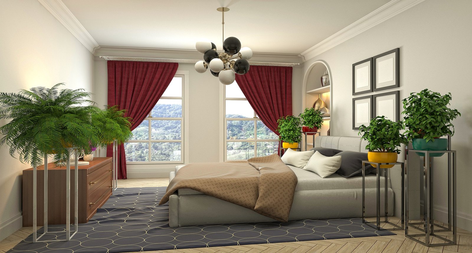 Lake house bedroom with large window overlooking calm lake, white bedding and light wood furniture