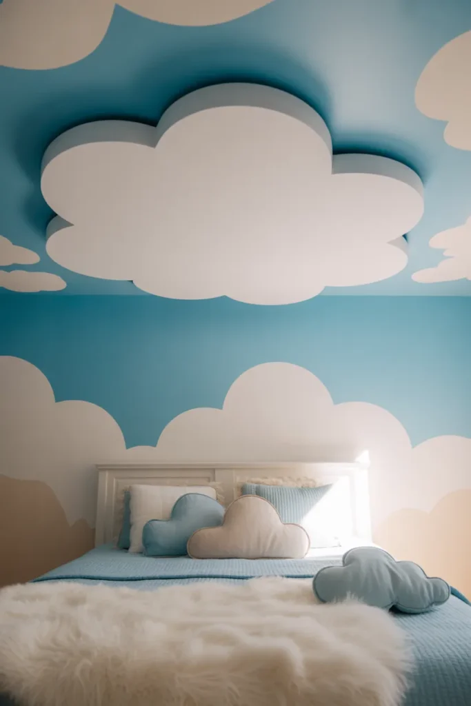 A magical kids bedroom with a hand-painted cloud ceiling in soft white and pale blue, styled in a modern whimsical interior. Soft diffused natural light fills the room with a calm and airy atmosphere. Color palette includes sky blue, cotton white, and warm cream. A white wooden bed sits below with fluffy white bedding and cloud-shaped pillows. Wide shot capturing full ceiling detail with depth layering, soft shadows, and a dreamy, light-filled, Pinterest-worthy mood.