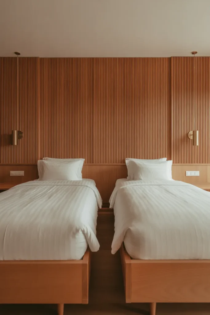 Continuous wood slat shared headboard wall spanning behind both twin beds creating a custom luxury hotel suite look
