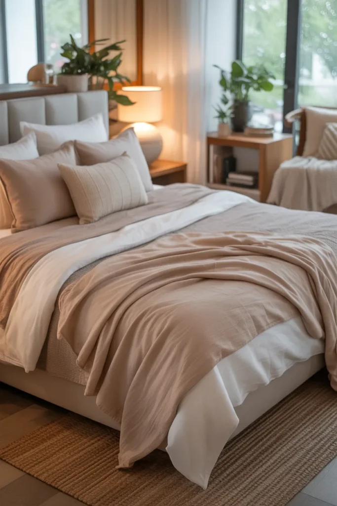 Modern bedroom with layered bedding in soft neutral tones—beige, cream, and soft gray. Warm ambient lighting complements natural daylight from large windows. Wooden side tables, woven rugs, and potted plants complete the look. Eye-level wide shot showing textured fabrics, cozy layered bed, and a calming, inviting atmosphere. Soft neutrals create a Pinterest-ready, cozy, and modern bedroom.