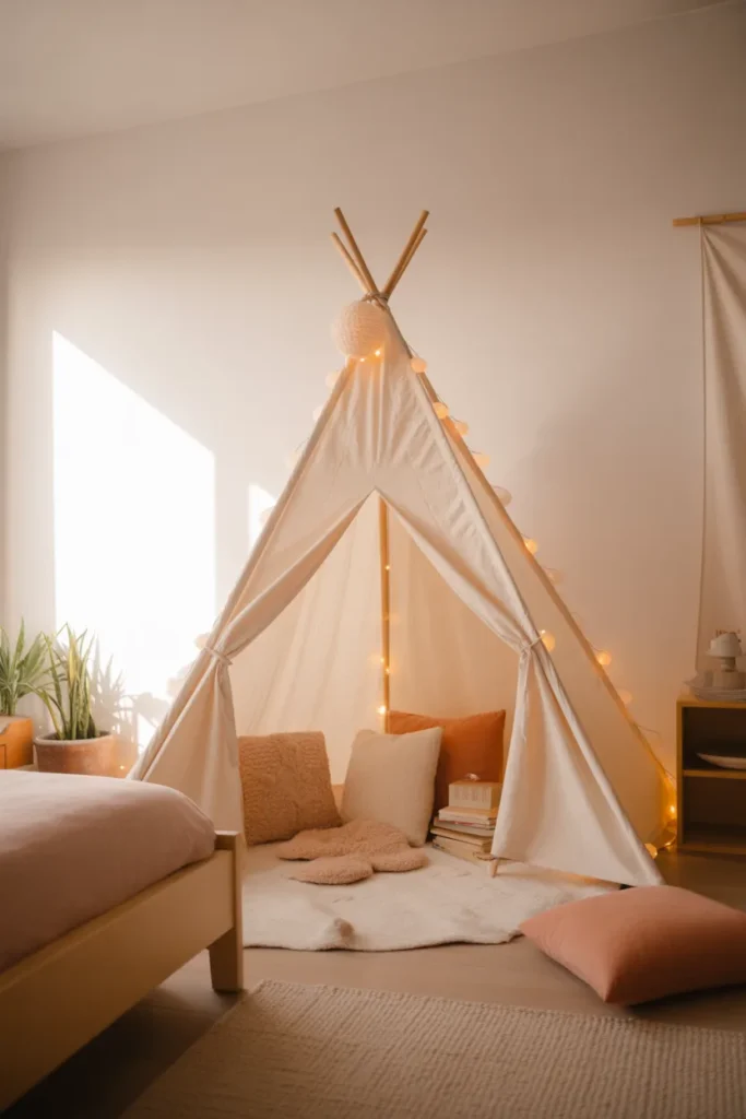 A whimsical kids bedroom corner featuring a white canvas teepee play tent styled in a modern boho interior. Soft warm natural light fills the corner with a gentle golden glow. Color palette includes warm white, natural wood tones, soft terracotta, and dusty blush. The inside of the tent is styled with a small plush rug, cozy cushions, fairy lights along the poles, and a small stack of books. Wide angle shot showing the tent in full with surrounding room details including a low wooden bed, woven rug, and potted plants. Playful, cozy, and magical mood.
