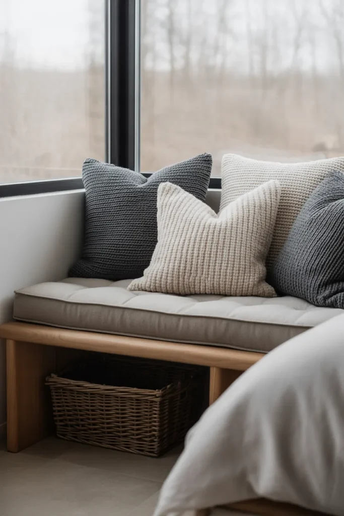  A peaceful bedroom nook featuring a custom-built wooden bench under a large window. The bench is topped with a thick light-grey cushion and several soft knit pillows in charcoal and cream. A woven basket sits underneath for extra storage. Soft morning light, tranquil and inviting atmosphere, eye-level styled shot showing a perfect spot for relaxation.