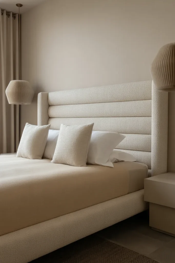 A serene and soft bedroom with a focus on textile luxury. A custom-made, extra-wide headboard made of upholstered cream bouclé fabric is mounted directly to the wall, extending past the bedside tables. The bed is low to the ground with a hidden frame. Soft, warm overhead pendant lights with fabric shades. Neutral tones, tactile textures, and a cozy, high-end hotel atmosphere.