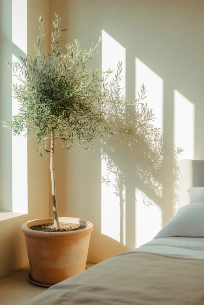 A bright, Mediterranean-style bedroom corner featuring a tall, slender olive tree in a large terracotta pot. Bright, direct sunlight streams through a nearby window, creating sharp, leafy shadows on a soft cream wall. The color palette features dusty greens, warm clay, and neutral whites. The camera angle is a wide vertical shot, highlighting the room's height and the tree's organic, silver-toned leaves.