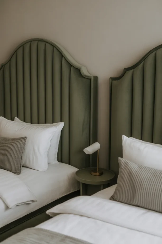 Sage green velvet upholstered headboards on twin beds giving a luxurious and elegant bedroom look