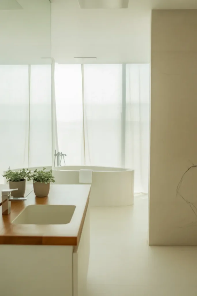 A modern minimalist bathroom featuring a clean, white interior. Natural light pours through a large window, creating a soft diffused glow. The color palette is predominantly white with touches of light wood and marble textures. Simple yet elegant furnishings, including a freestanding tub, a sleek vanity with a wooden top, and a single potted plant. The atmosphere is airy and calming, with an open layout that emphasizes space. The camera angle is a wide shot capturing the full room, focusing on clean lines and natural textures.