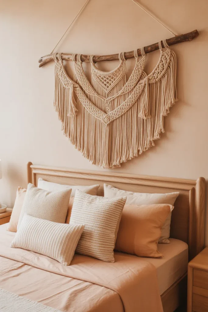 A soft Boho-chic bedroom with cream-colored walls and light oak furniture. A large, intricate hand-woven macrame wall hanging is mounted on a natural wooden branch above the bed. The bed features peach-toned linen and several textured throw pillows. Soft morning light, warm tones, and a handmade, artisanal atmosphere with a close-up styled shot.