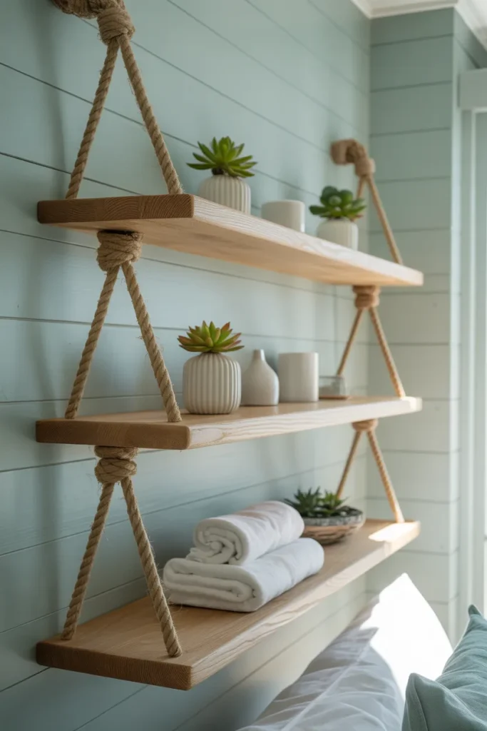 A stylish and functional wall feature in a coastal bedroom with three thick light oak shelves suspended by heavy manila rope. The shelves are mounted against a soft white shiplap wall and are styled with small succulents, white ceramic vases, and a few rolled-up linen towels. Bright natural light creates soft shadows. Captured in a medium-shot from a slight side angle.