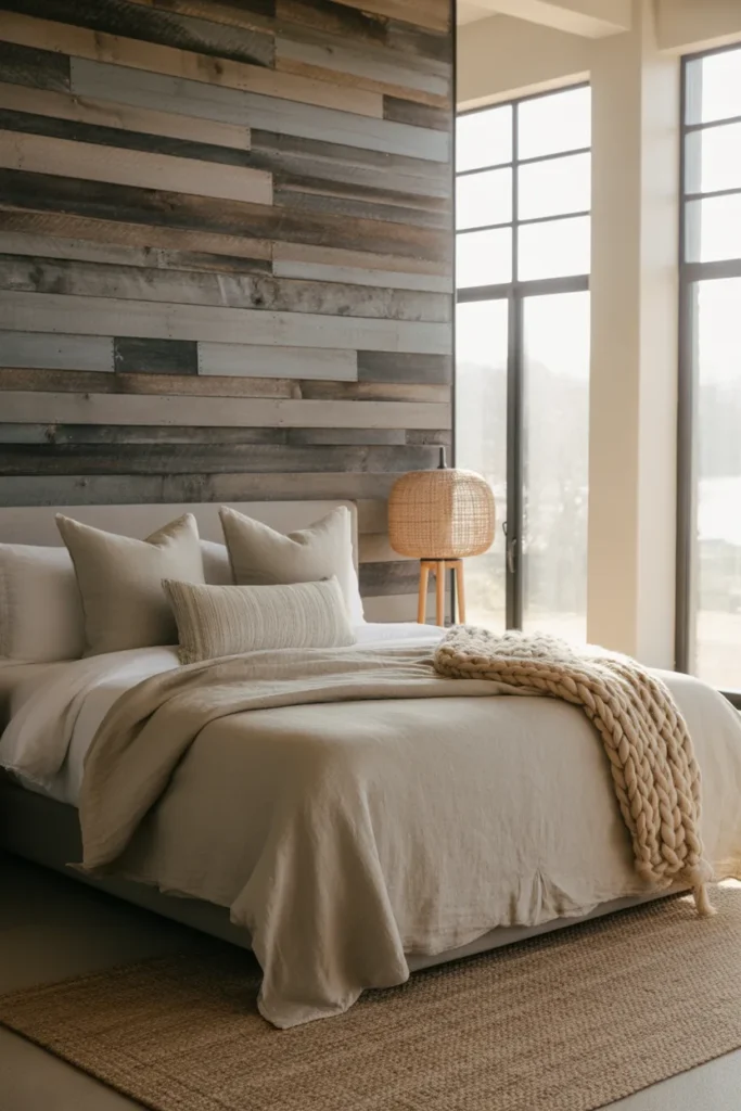  A professional interior shot of a master suite featuring a reclaimed wood accent wall with deep textures and silver-gray tones. Natural morning light floods through large windows, highlighting linen bedding in soft sand colors and a chunky knit throw. The mood is serene and organic, captured from a wide eye-level angle showing a jute rug and a rattan bedside lamp.