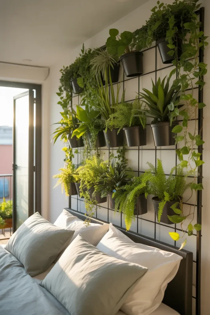 A lush, modern bedroom featuring a small vertical living wall behind the bed. Potted trailing ivy, ferns, and pothos plants are arranged on a minimalist black metal grid. The room has soft white walls and light gray bedding. Warm, natural sunlight fills the space from a nearby balcony door. Fresh, organic, and vibrant atmosphere with a wide-angle shot.