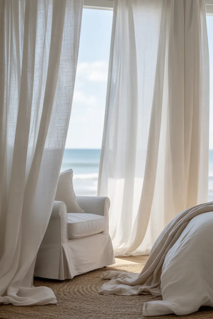 A dreamy coastal bedroom featuring floor-to-ceiling sheer white linen curtains blowing softly in a gentle breeze. Bright, natural light fills the room, highlighting a cozy reading nook with a slipcovered armchair. The color palette is pure white and pale sand, with textures of soft fabric and light-colored wood. The mood is ethereal and inviting, captured in a wide shot with a shallow depth of field.