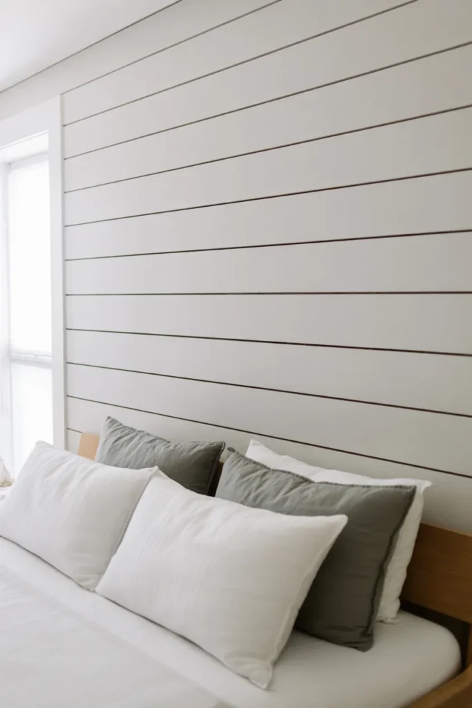 A modern farmhouse-style bedroom featuring a horizontal white shiplap accent wall behind a king-sized bed. Soft, natural light from a side window highlights the clean lines and subtle shadows between the wooden planks. The palette is crisp white, soft gray, and light oak, with a minimalist aesthetic. Captured from a wide angle to showcase the wall's texture and the room's airy atmosphere.