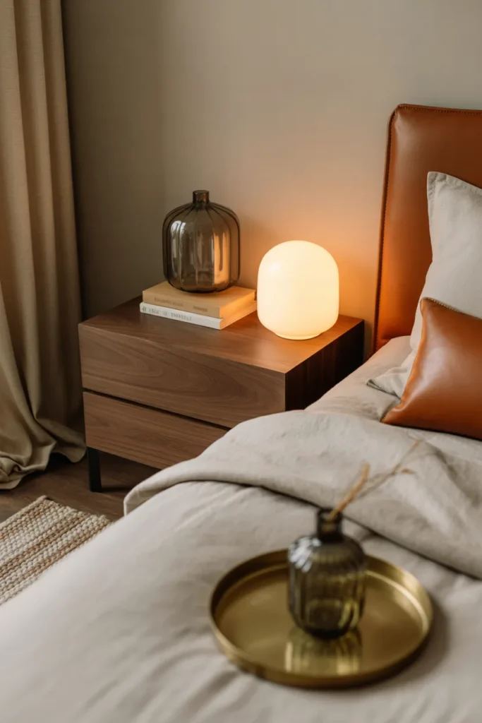 Luxury minimalist bedroom featuring a walnut nightstand, warm bedside lamp glow, creamy beige walls, caramel leather details, linen duvet, smoked glass vase, stacked books, brass tray, wool rug, soft shadows, cozy elegant atmosphere, close eye-level styled corner shot, layered foreground decor with a calm background and rich wood texture beside flowing curtains.
