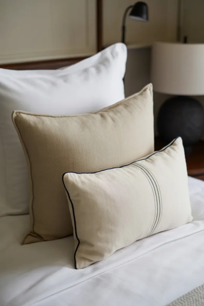 Professionally styled twin bed with subtle stripe patterned accent pillow and layered pillow arrangement for a luxury hotel look