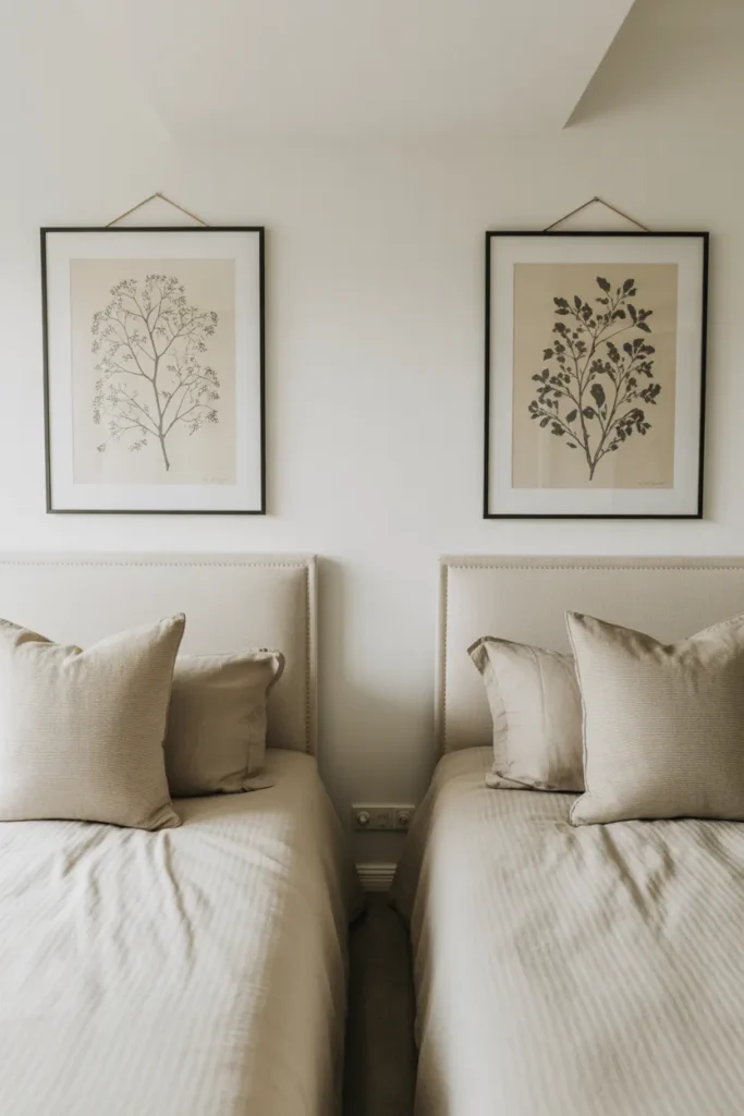 Matching black framed botanical prints hung symmetrically above twin beds creating a coordinated and elegant bedroom gallery wall
