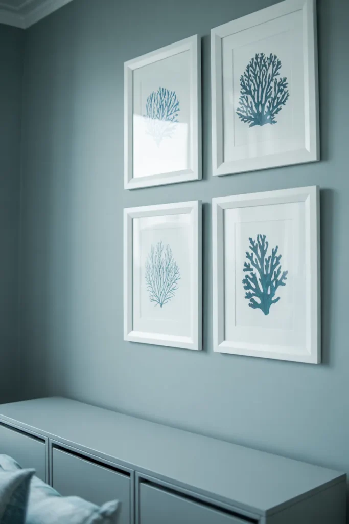 A sophisticated bedroom wall featuring a symmetrical gallery of four white-framed botanical coral prints in shades of indigo and teal. The background is a soft gray wall with a clean, minimalist aesthetic. Bright, even lighting highlights the fine details of the artwork and the crisp white matting. The color palette is cool and calm, captured from a straight-on eye-level angle above a sleek console table.