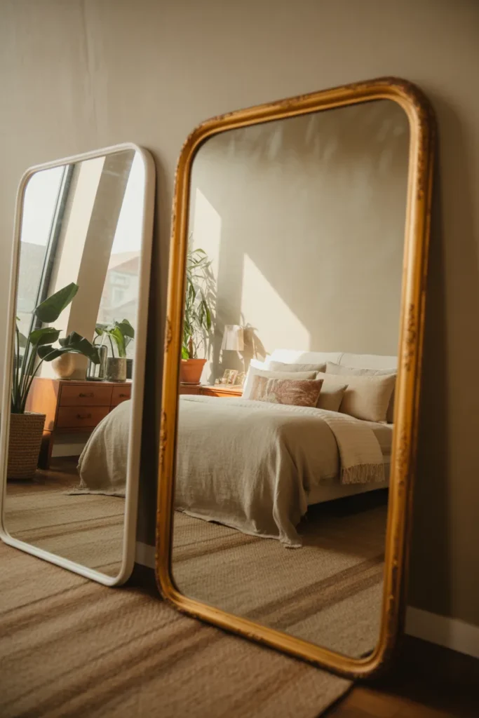 Eclectic boho bedroom featuring vintage gold-framed mirrors leaning against a neutral-toned wall. Soft golden hour light highlights a linen bed with layered cushions, wooden nightstand, potted plants, and woven rugs. Eye-level wide shot showing reflective surfaces, layered textures, and cozy styling. Mirrors reflect natural light, enhancing the airy, inviting, Pinterest-ready aesthetic of the space.
