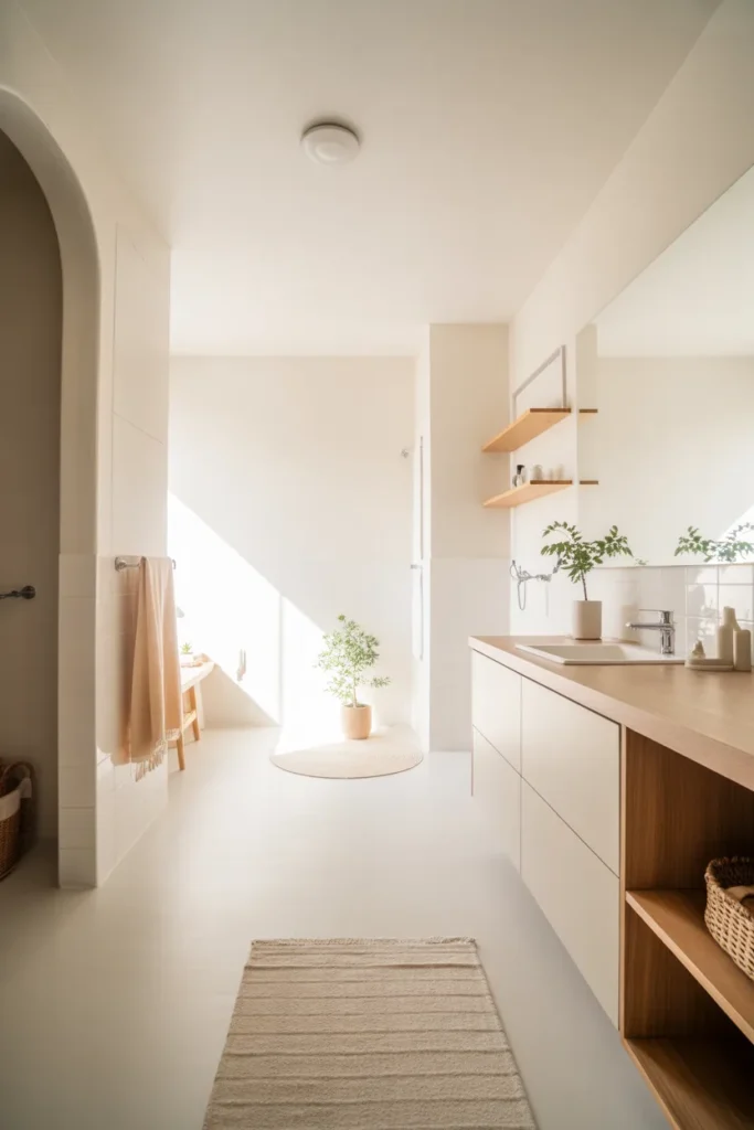 A Scandinavian-inspired bathroom featuring clean lines and a bright, airy color palette of whites, light woods, and soft pastels. Natural light floods the room, creating a fresh, open atmosphere. The design includes a minimalist vanity with a light wood countertop, a small potted plant, and simple wooden shelving. The soft textures of towels and rugs add warmth, while the wide shot highlights the space’s simple elegance and calming vibe.
