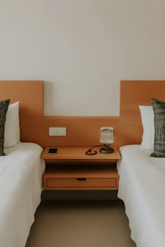 Wall-mounted floating built-in nightstands beside twin beds keeping floors clear and creating a custom architect-designed bedroom look