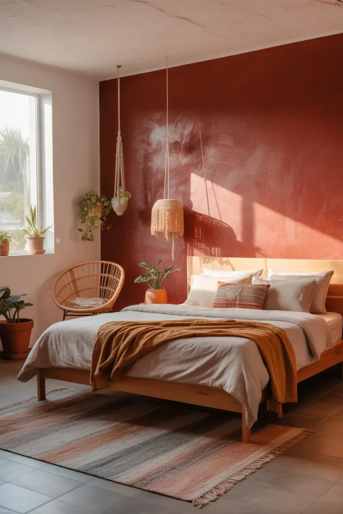 A modern boho bedroom featuring a bold accent wall painted in deep terracotta, bathed in soft natural morning light. Wooden bed frame with linen bedding, layered rugs, rattan chair, hanging macramé decor. Plants in terracotta pots scattered across the room. Wide-angle shot capturing the cozy corner, textured walls, and warm, inviting atmosphere with layered textiles and natural materials.
