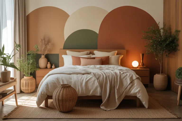 Cozy warm earthy bedroom with terracotta, olive, beige, wood furniture, linen bedding, plants, rattan decor, and soft lighting.
