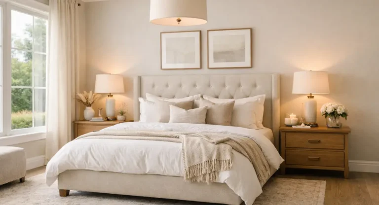 Timeless bedroom with neutral colors, upholstered headboard, layered bedding, wooden nightstands, and warm lighting in elegant modern classic style