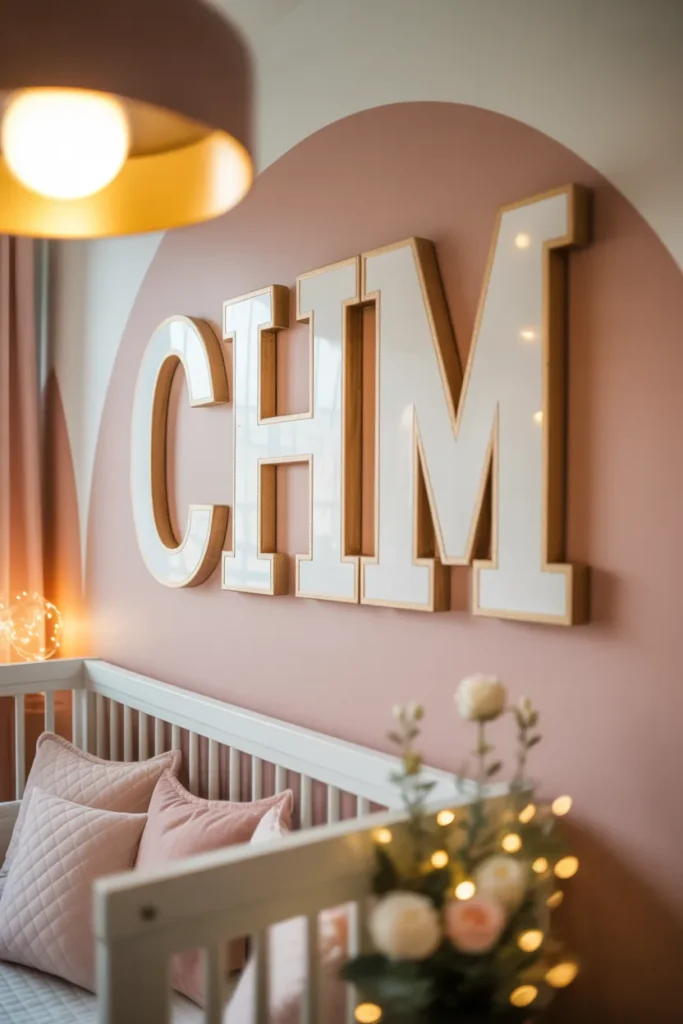 A sweet and stylish kids bedroom with large wooden monogram letters mounted on a soft blush pink accent wall, styled in a modern glam interior. Warm ambient light from a ceiling pendant casts a soft golden glow across the room. Color palette includes blush pink, warm white, gold accents, and natural wood tones. The letters are painted white with subtle gold edges and sit above a white crib or toddler bed styled with soft quilted bedding. Close-up styled wall shot with foreground bokeh of fairy lights and small floral stems. Personal, elegant, and dreamy mood.