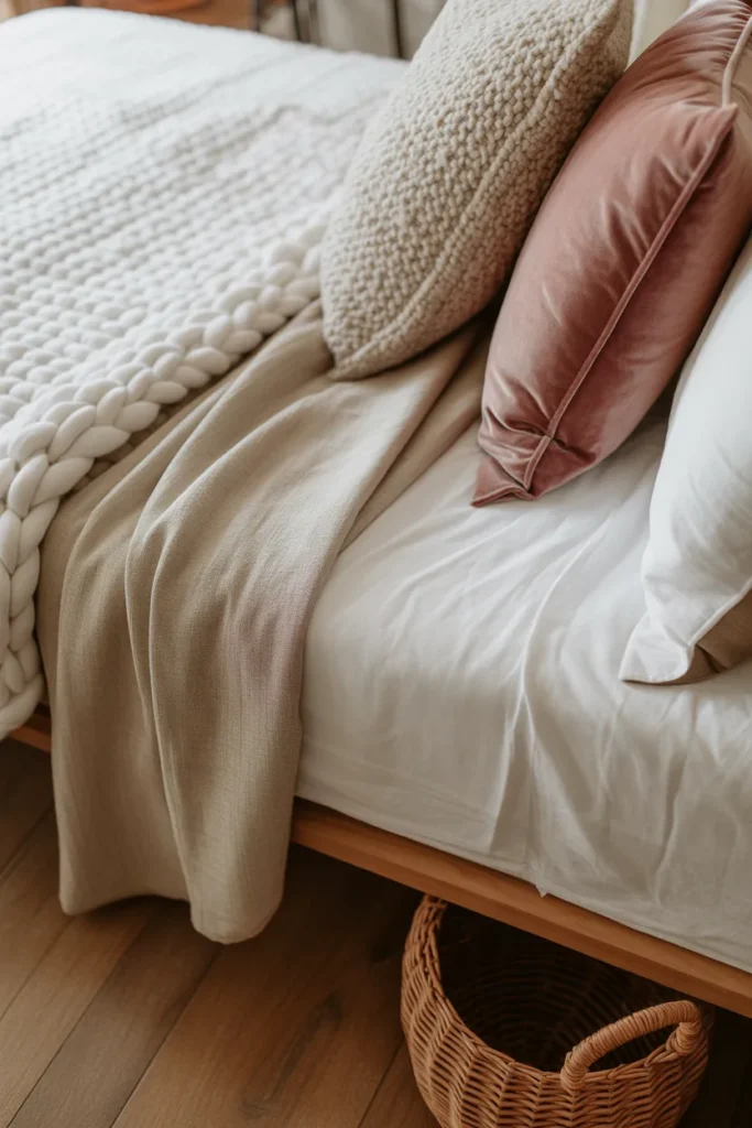 Close-up of twin bed showing mixed textures including chunky knit throw, velvet pillow and linen sheets for a rich layered look